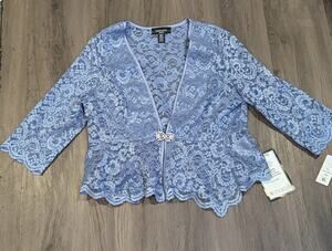 R&M Richards Petite 10P Blue Lace Sequin 3/4 Sleeve Hook & Eye Jacket